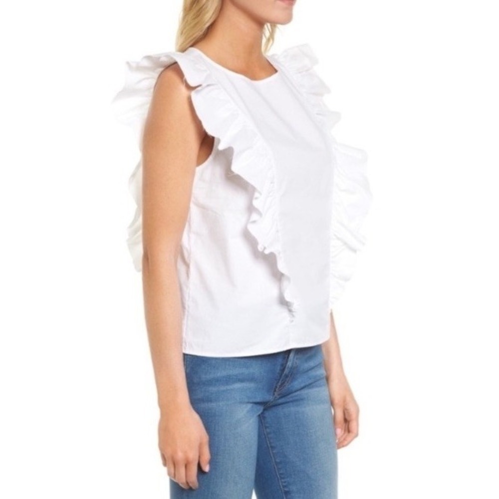 Current Elliott White Poplin Cotton Ruffle Blouse Top Classic Preppy Sz 3 Large